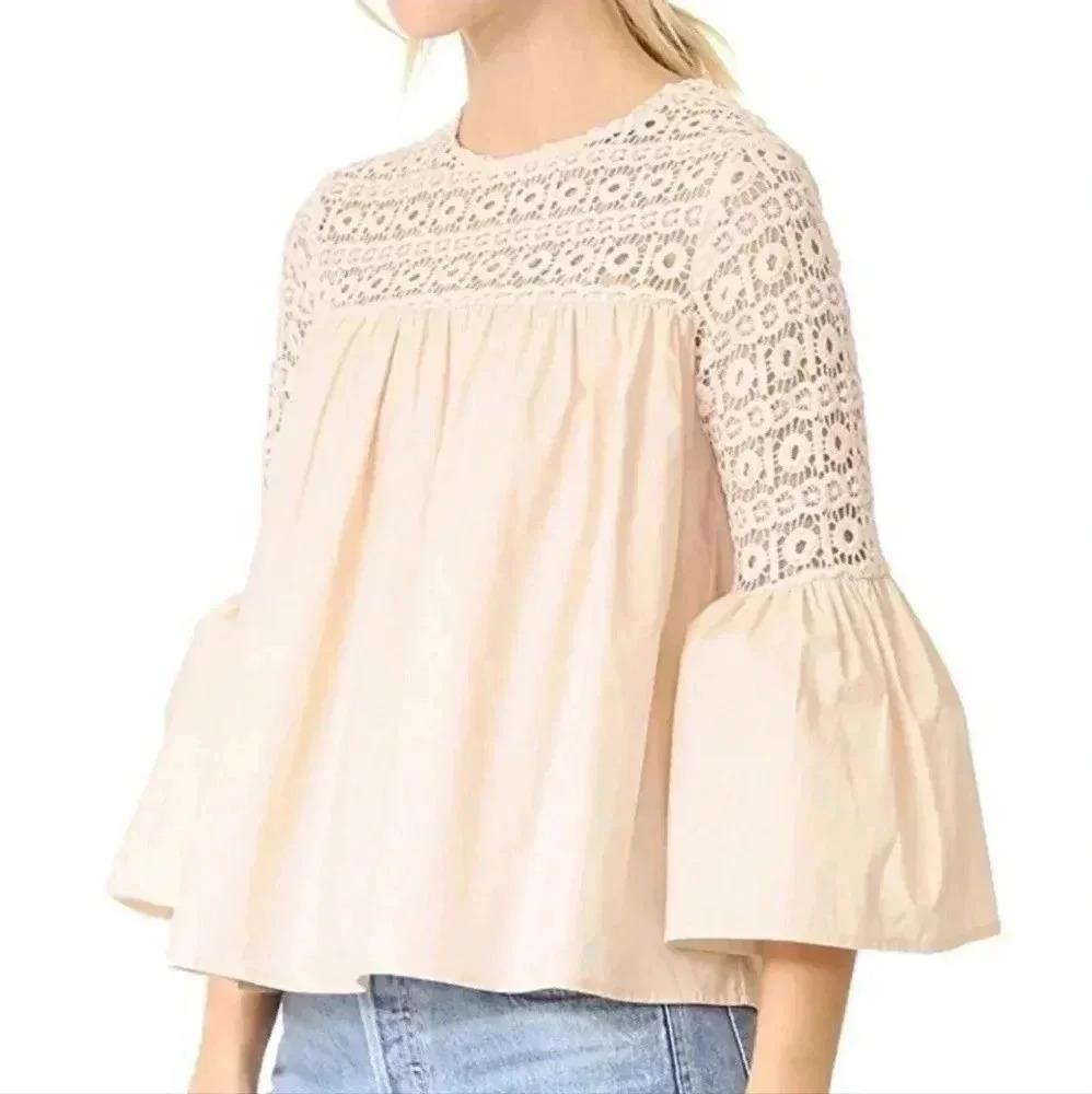 Endless Rose Cream Crochet Yoke Bell Sleeve Top